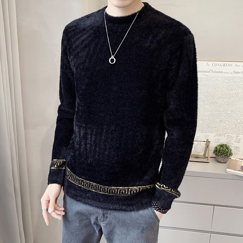 Men's European Jacquard Trend Crew Neck Faux Mink Cashmere Slim Fit Sweater