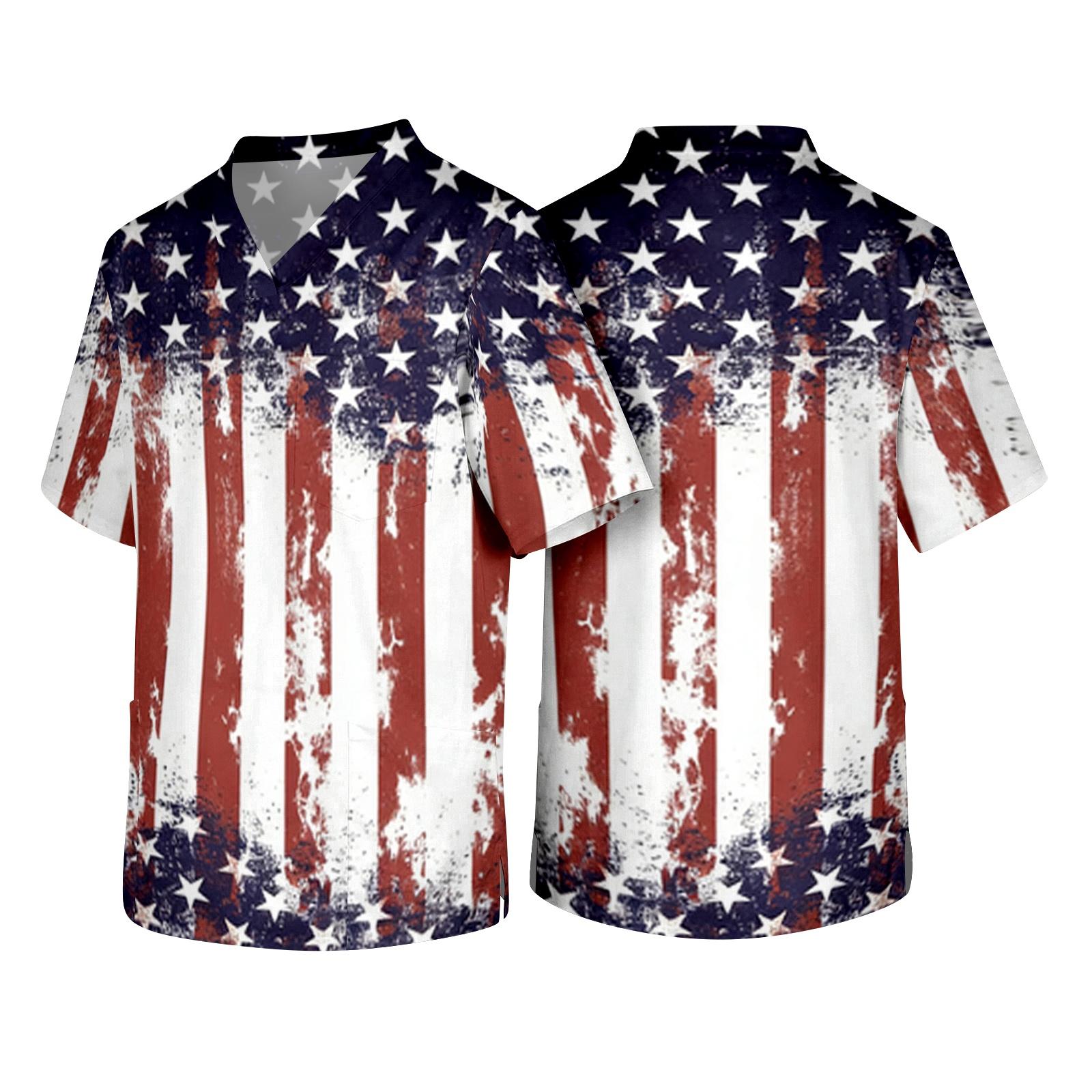 

Men s V Neck Short Sleeve Medical Scrub Top with Front Pocket American Flag Print Durable Fabric Comfortable Fit L