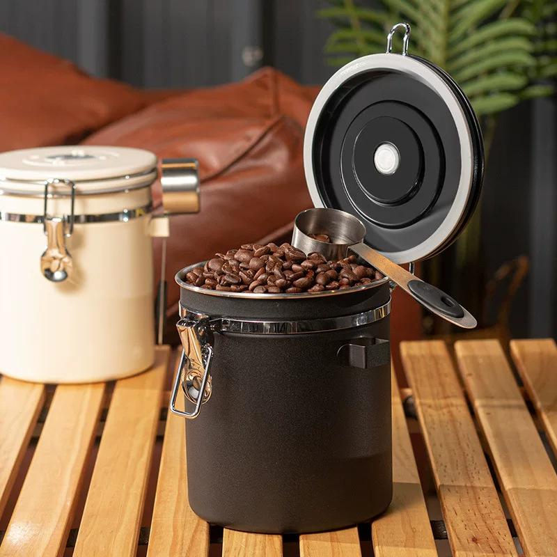 304 Stainless Steel Coffee Bean Storage Canister Vacuum One-Way Exhaust Valve Sealed Jar Snap-Latch Tea Airtight Container 1-2L