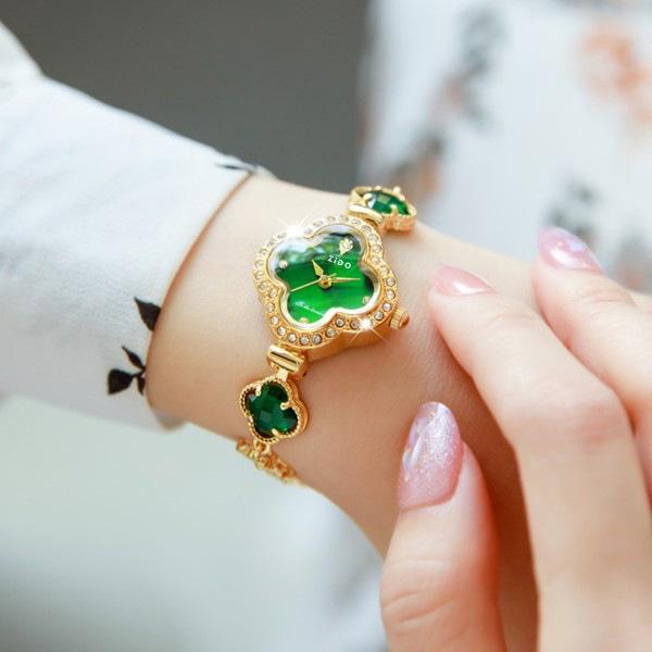 ZIDO Elegant Luxury Jade & Diamond Waterproof Four-Leaf Clover Ladies Watch