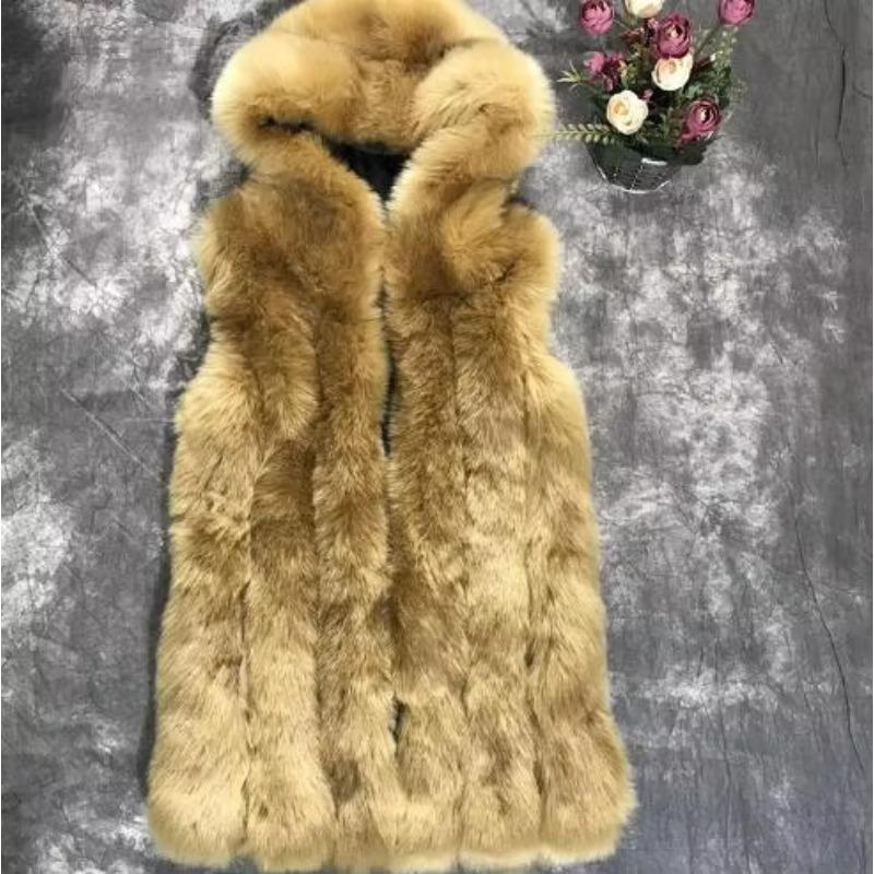 S-4XL Winter Warm Striped Faux Fox Fur Thick Overcoat Women Casual Long Vest Female Open Stitch Cardigan With Hat Slim Coat