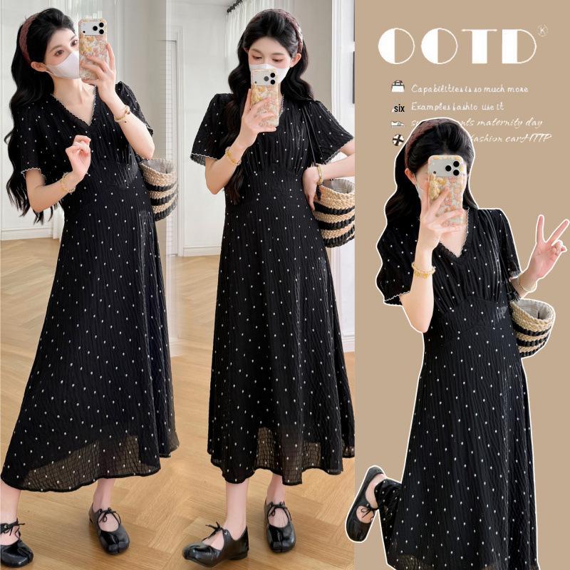 2026 Summer French V-Neck Short Sleeve Floral Maternity Dress Large