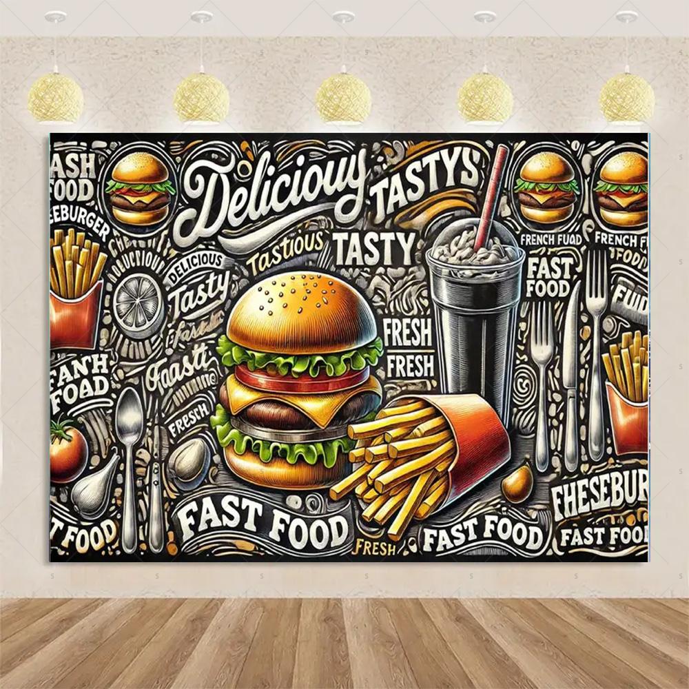Pizza Hamburger Backdrop Supplies Quick Food Kid Birthday Party Decoration Cola French Fries Background Banner Photography Prop