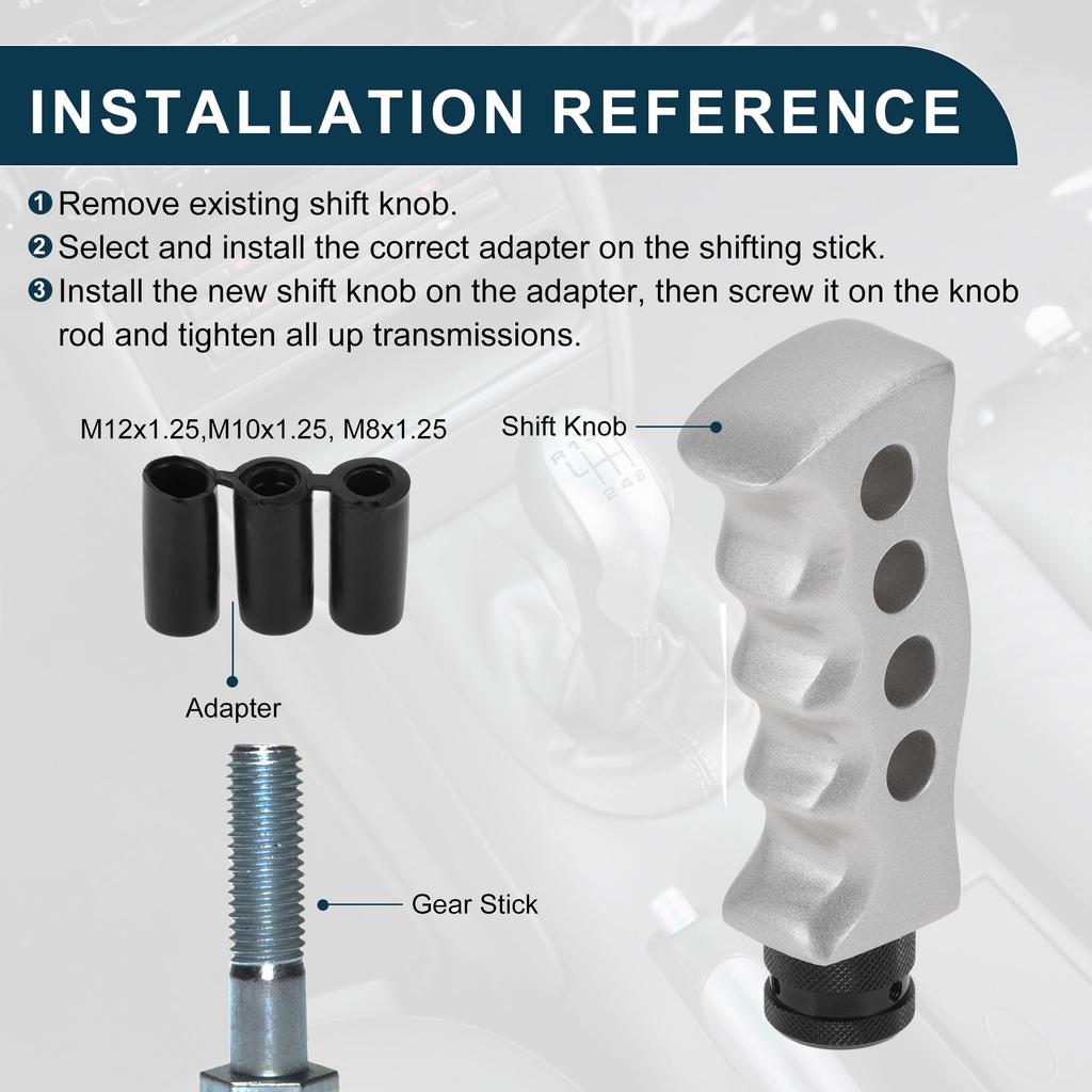 TUCKBOLD Car Shift Silver 1 with 3 Durable Knob, Tone, Set, Universal, Resin/Aluminum Alloy, Adapters,