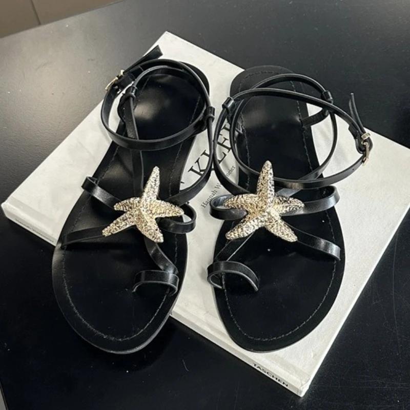 Fashion Fashion Gold Star Decoration Design Flat Sandals Women Black Narrow Band Buckle Roman Shoes Sexy Clip Toe Flip Flops Sandalias