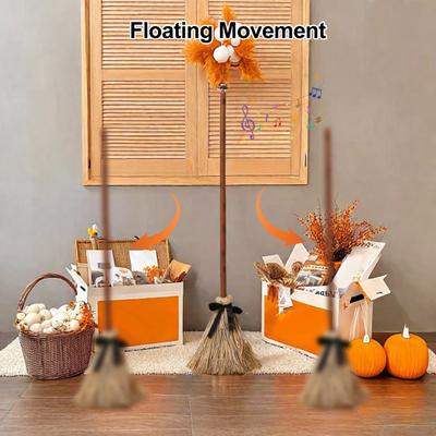 Halloween Floating Broom 43.5 Inches Tall Magical Animated Witch Broomstick Sound Touch Activated Haunted Dancing Broom for Party Home Floor Decor