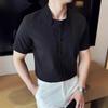 Men White Textured Stand Collar Button Down Short Sleeve Shirt