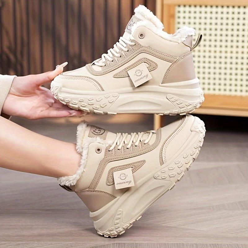 Stivaletti da Donna Invernali Caldi con Fodera in Pile, Alti alla Caviglia, con Spessa Suola Antiscivolo Beige, Scarpe Stringate per Tempo Freddo, Stivali Invernali