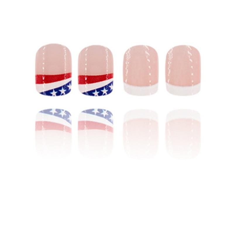 4th of July Glues on Nail Short Square Fake Nail Independence Day French Tip Press on Nail Artificial Acrylic Nail