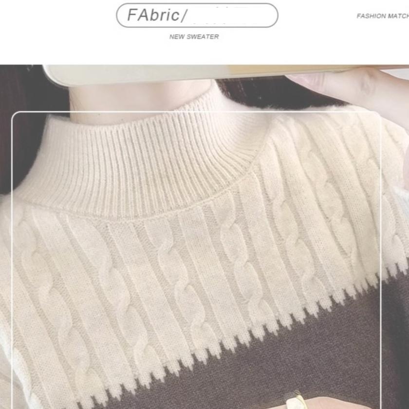 Women's Half Turtleneck Sweater Fall Winter Loose Knit Sweater Top Pullover Knit Jumper Color-blocked Plaid Knitwear