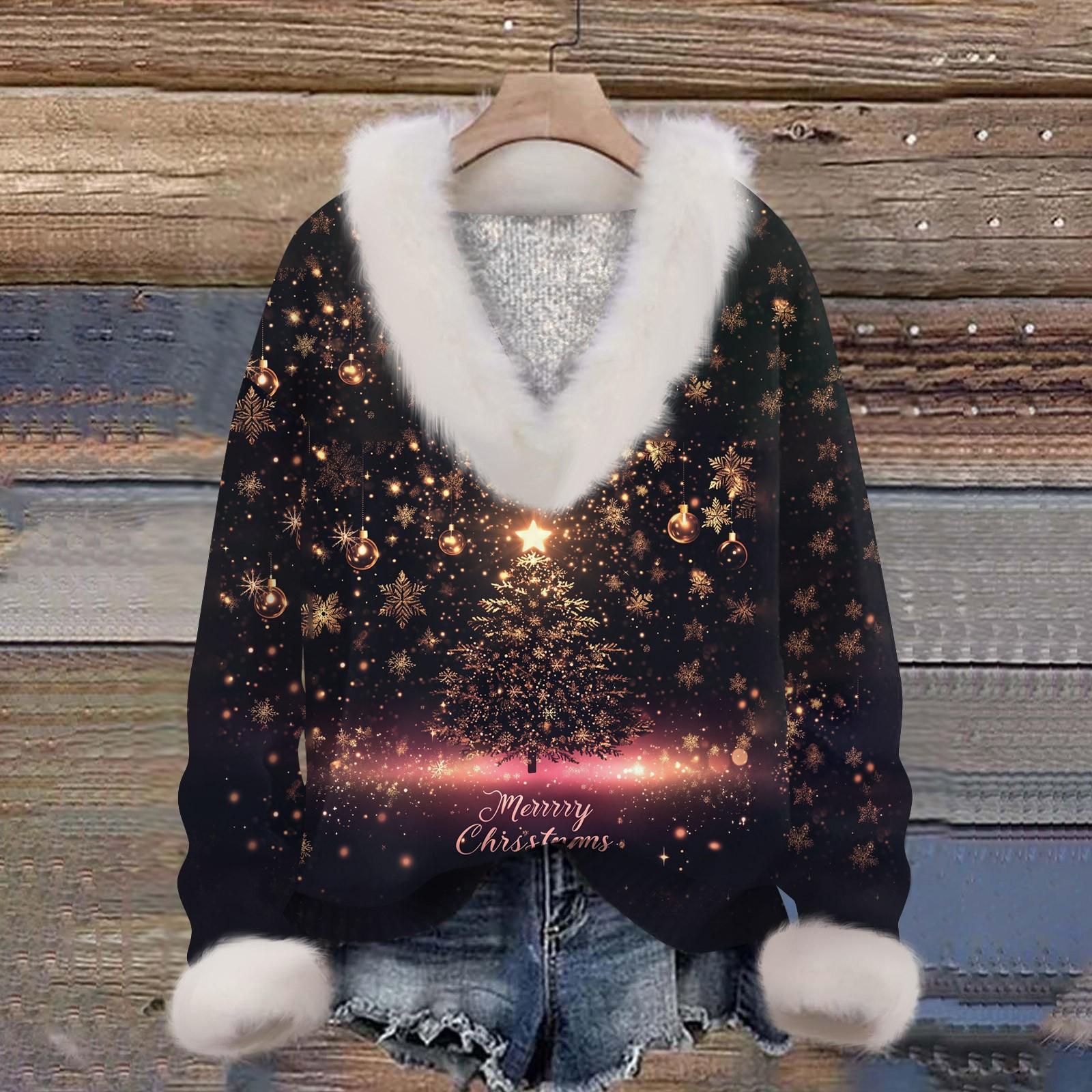 

Женская толстовка с длинным рукавом, рождественским принтом, плюшевым воротником, V-образным вырезом, пуловер M