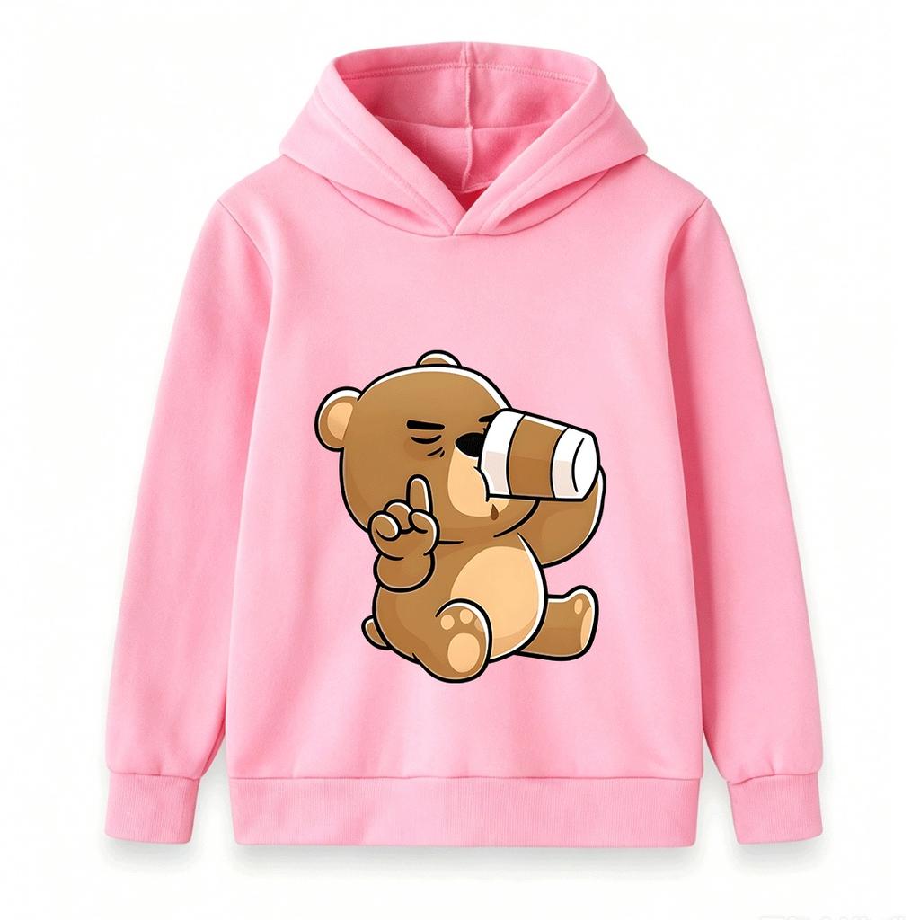 Cartoon Brown Bear Telescope Print Kids Unisex Hooded Sweatshirt Casual Soft Long Sleeve Pullover for Boys Girls