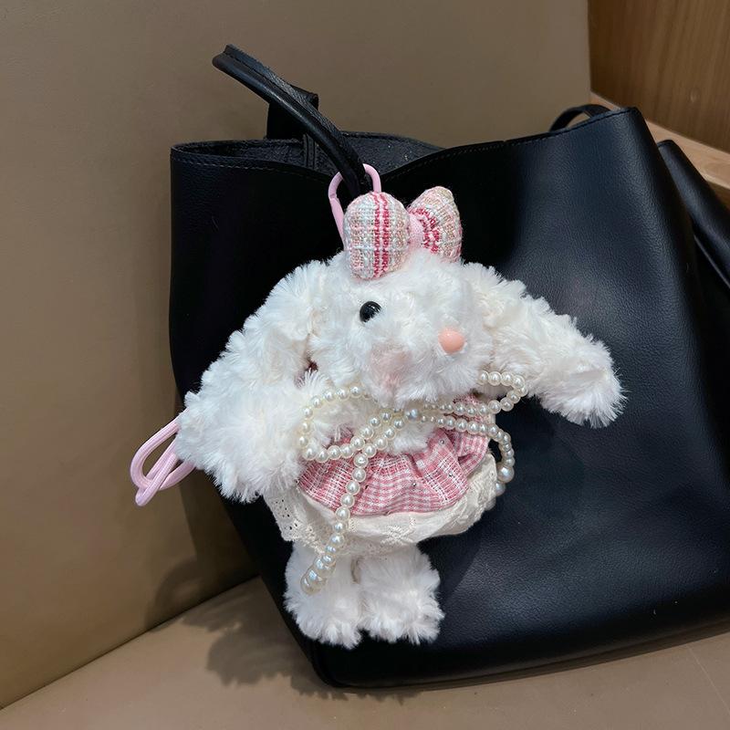 Rabbit Plush Keychain with Pearl Bowtie for Women, Lace Plaid Skirt Design, Long Ear Bunny Pendant for Bag Car, Friendship Gifts