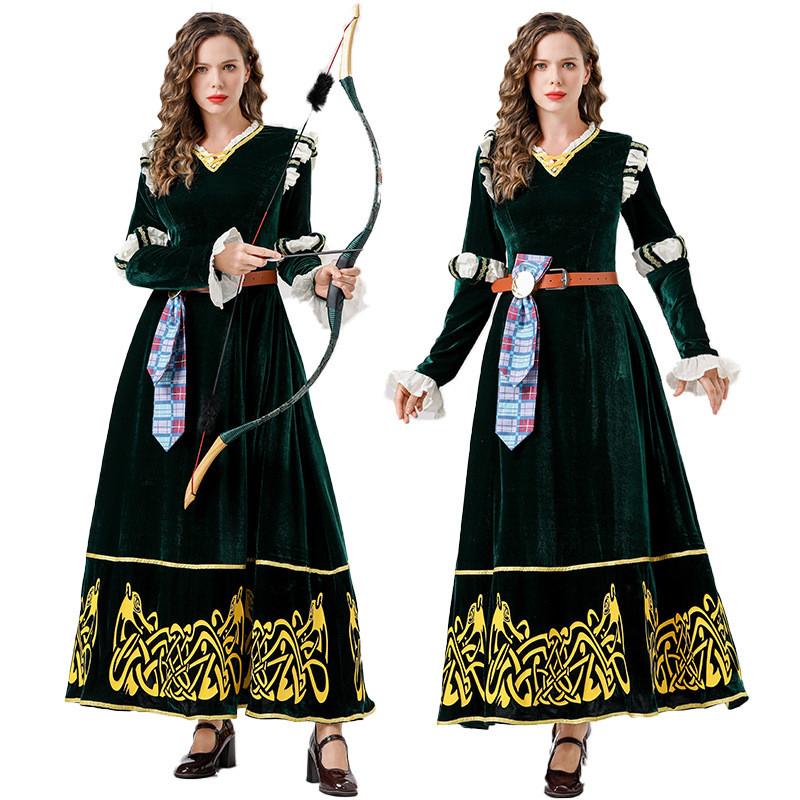 European Medieval Queen Costume With Green Velvet Cotton Fabric For Halloween Cosplay Party