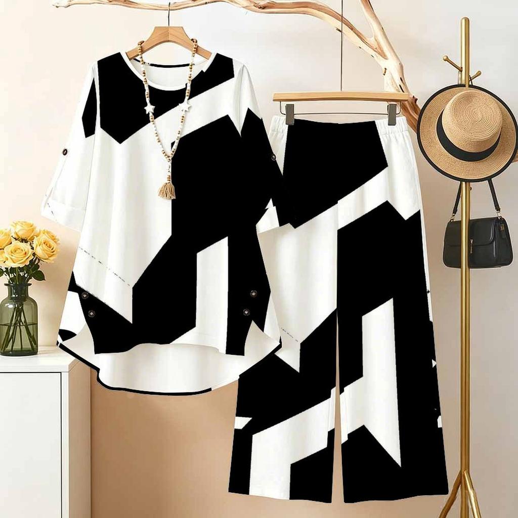 Women Plus Size Black White Printed Round Neck High Low Top And Long Pants Two Piece Set