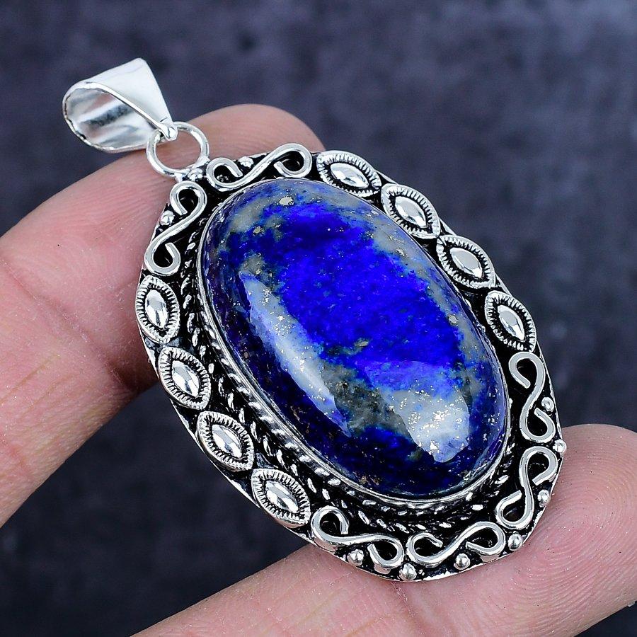 Natural Lapis Lazuli Gemstone Handmade 925 Sterling Silver Pendant 2.36" ETC-14221
