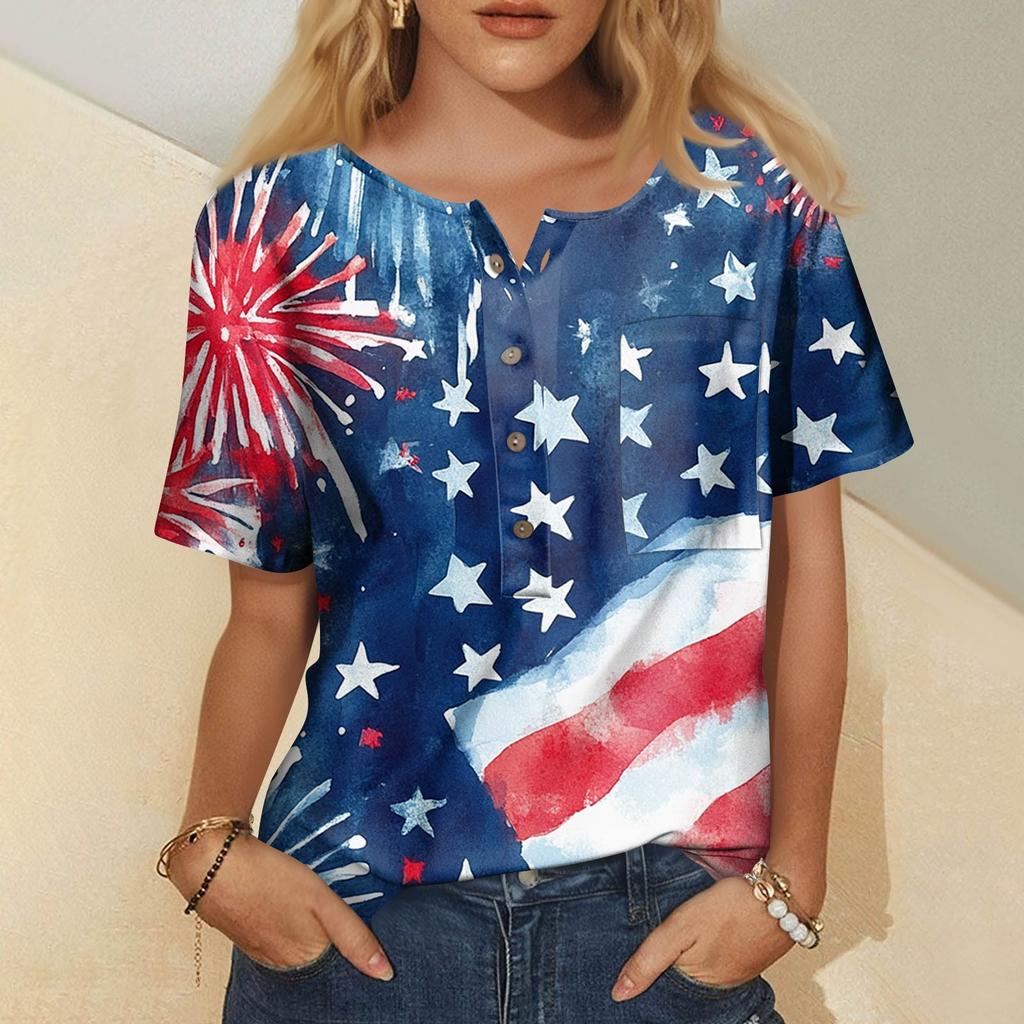 Modna damska bluzka z krótkim rękawem i nadrukiem, okrągłym dekoltem