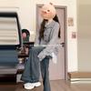 2025 Korean Style Grey Knit Turn-Down Collar Cardigan for Women