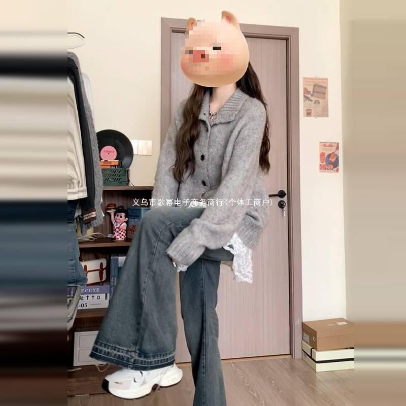 2025 Korean Style Grey Knit Turn-Down Collar Cardigan for Women