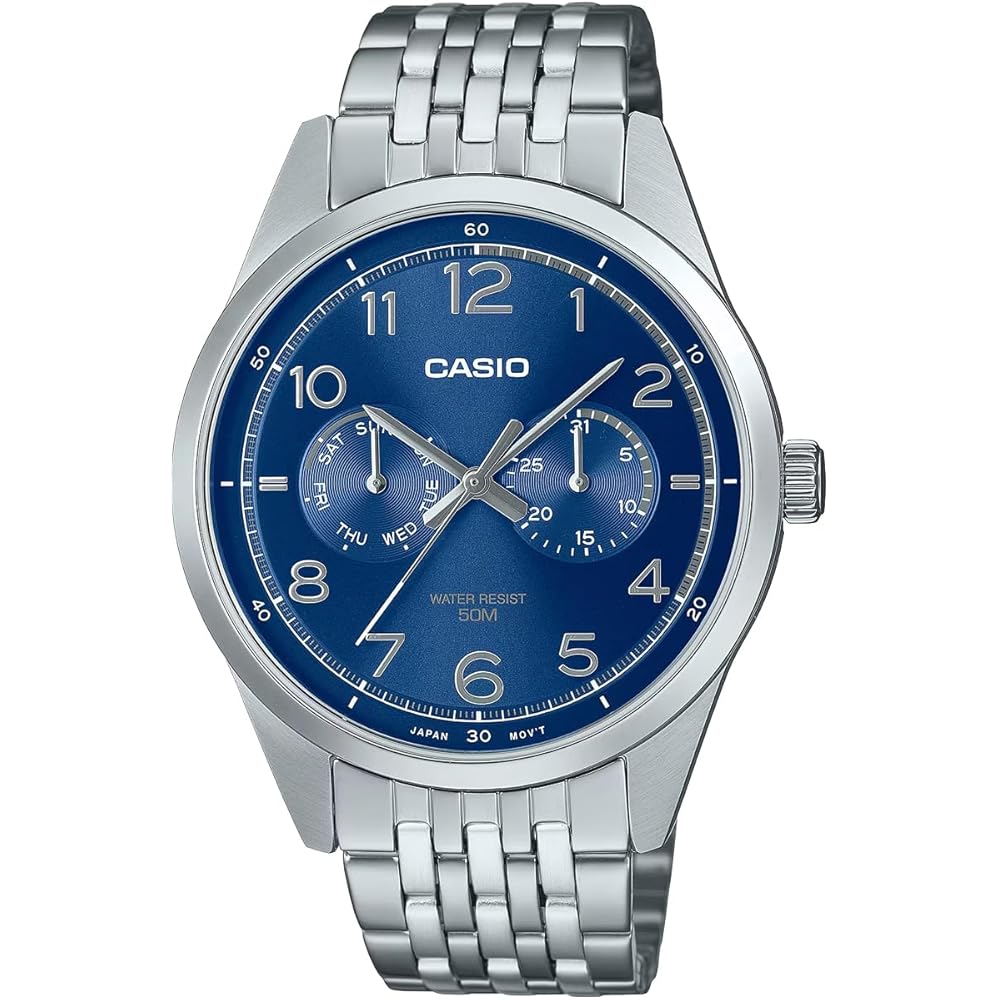 Casio Standard Quartz Men s Watch MTP-E340D-2AV Multi-Calendar 7-Link Band Silver Blue