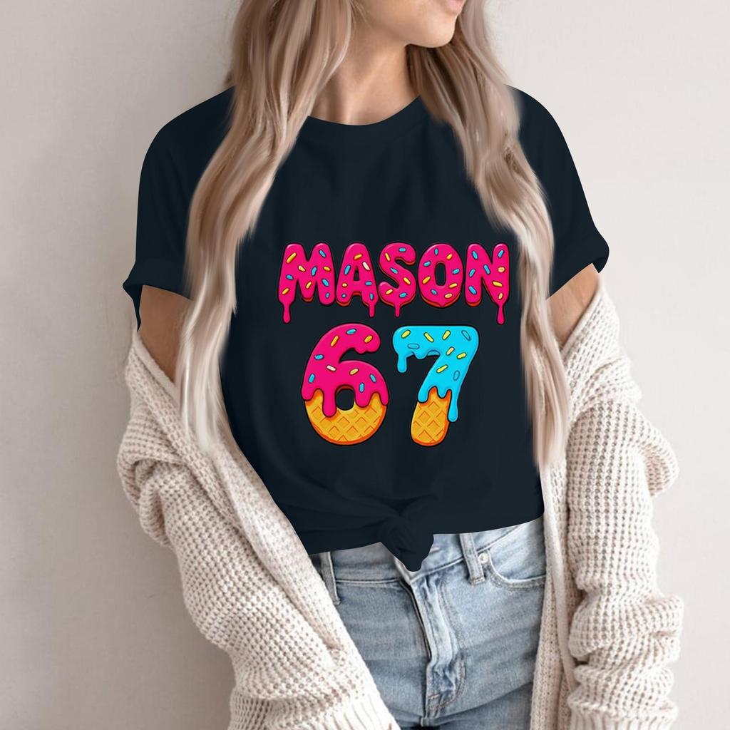 Women's Fashionable Casual Short Sleeved Printed T-Shirt Round Neck Top