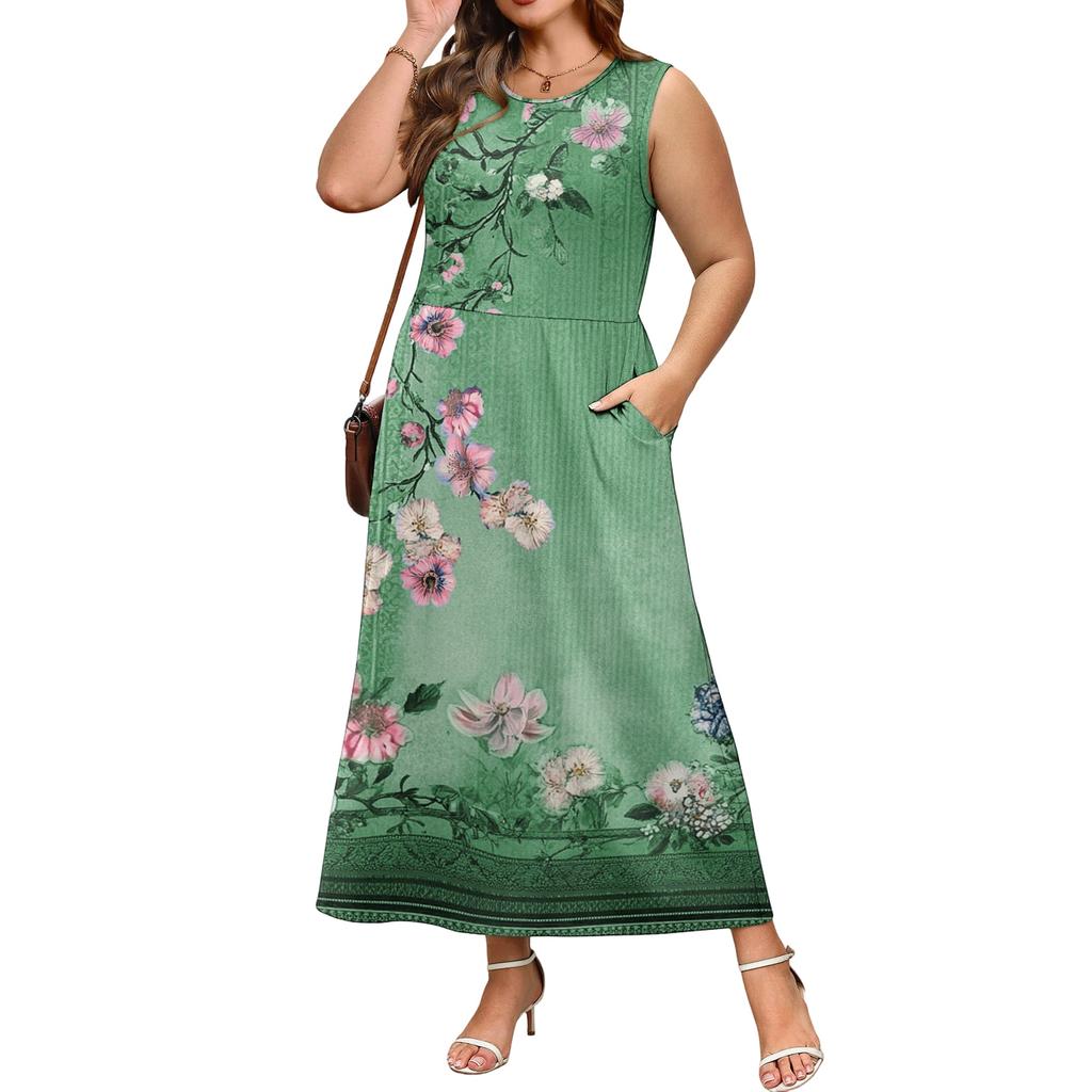 Ladies' Floral Print Casual and Fashionable Waist Cinched Sleeveless Dress