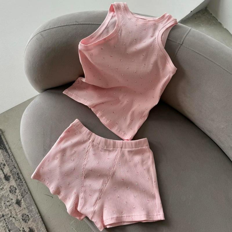 2025 Summer Ladies Casual Printing Lotus Leaf Short-sleeved Round Neck Vest Shorts Homewear Set