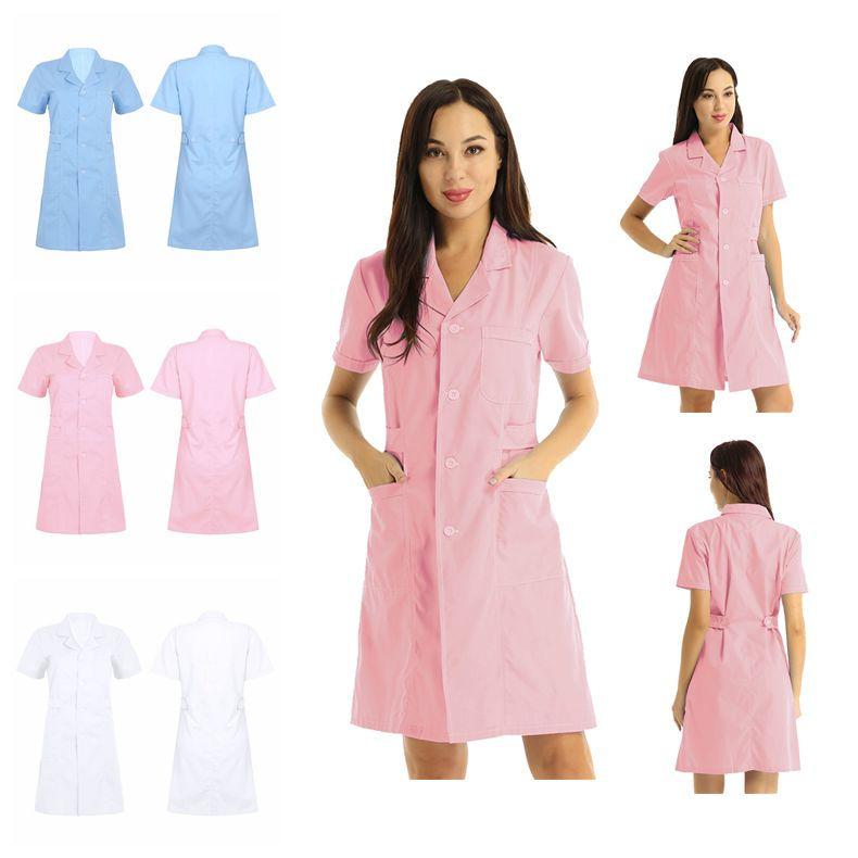 Hospital Lab Coat Uniform S-XXL for Women Adults - Solid Color Scrub Dress with Lapel Collar Short Sleeve and Button Front