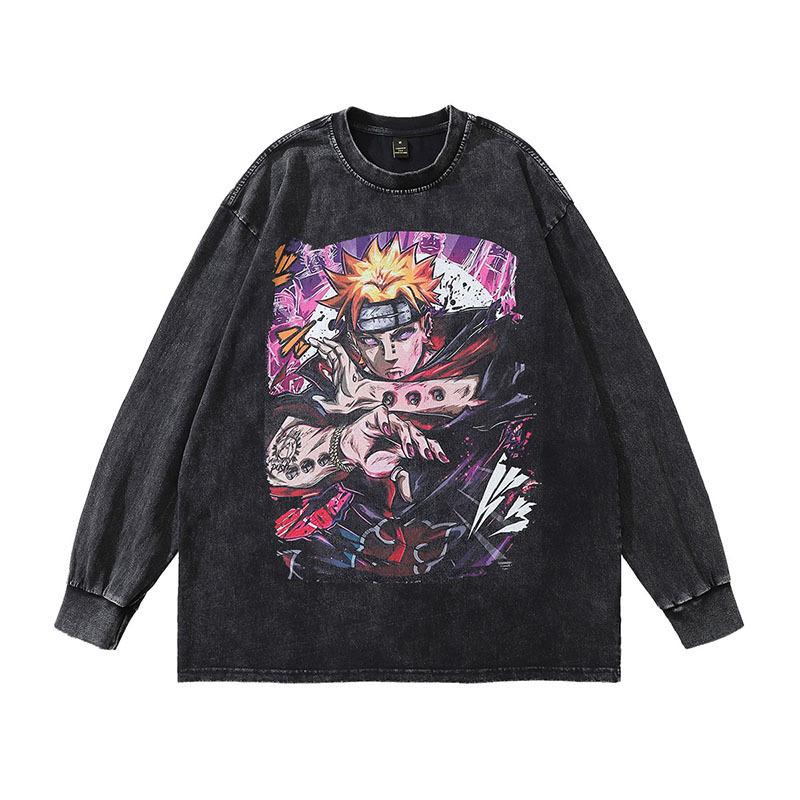 Hip-Hop Trendy Brand Men'S Tops Japanese Cartoon Animation Printing Loose Washing Old Men'S And Women'S Long-Sleeved T-Shirts
