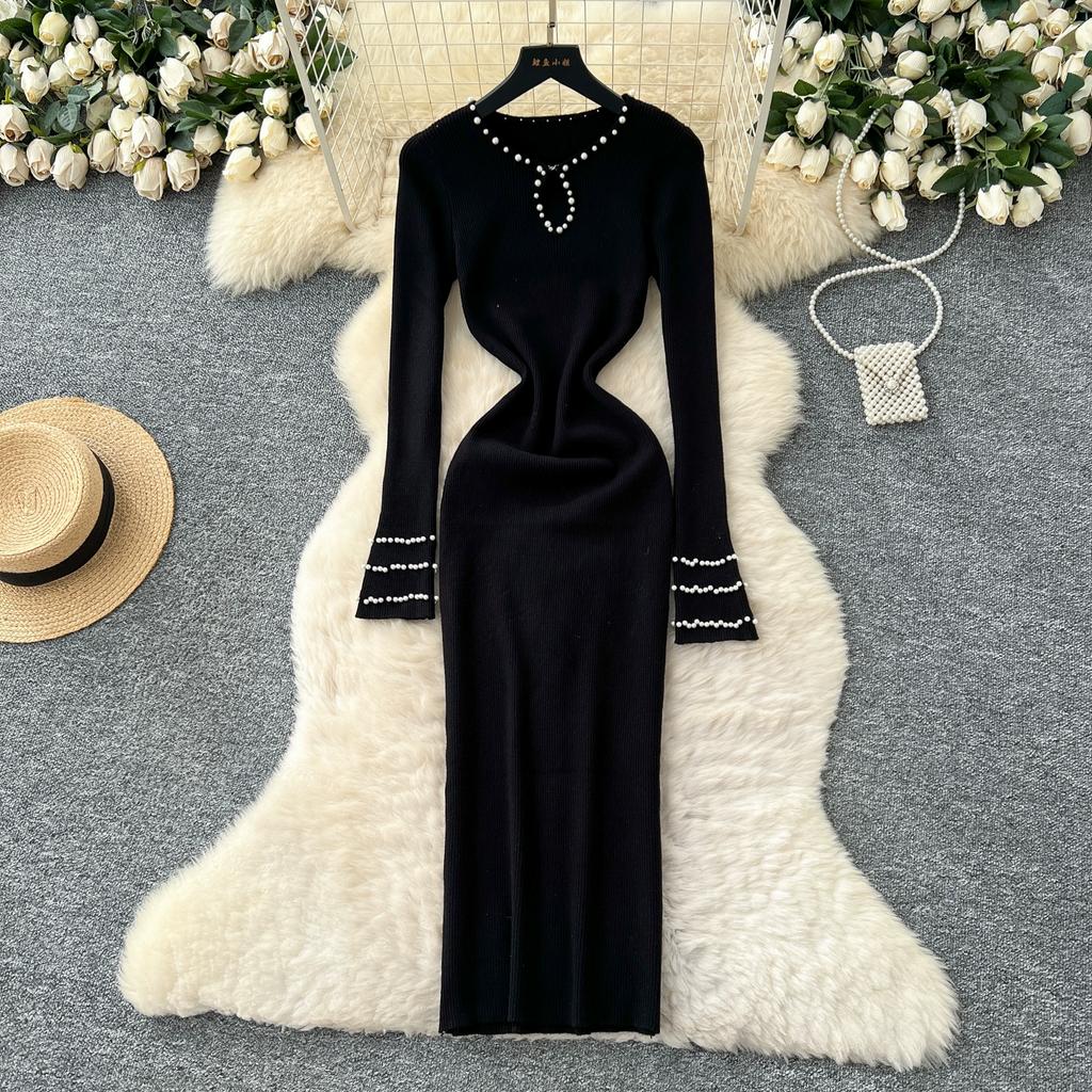 Autumn Spring Women Full Sleeve Luxury Beading Knitted Sweater Party Dress Long Midi Sheath Bodycon Pullover Dresses