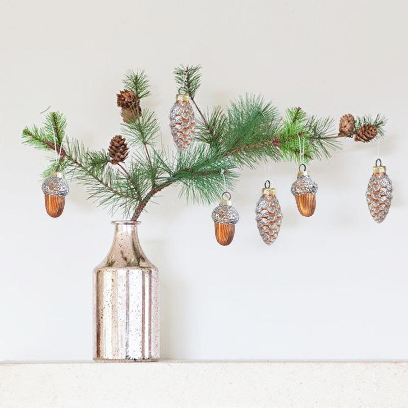 1Set Small Christmas Tree Ornament Glass Pinecones Acorns Christmas Pendant Glass Ornament 2024 Decoration Home Party New Year