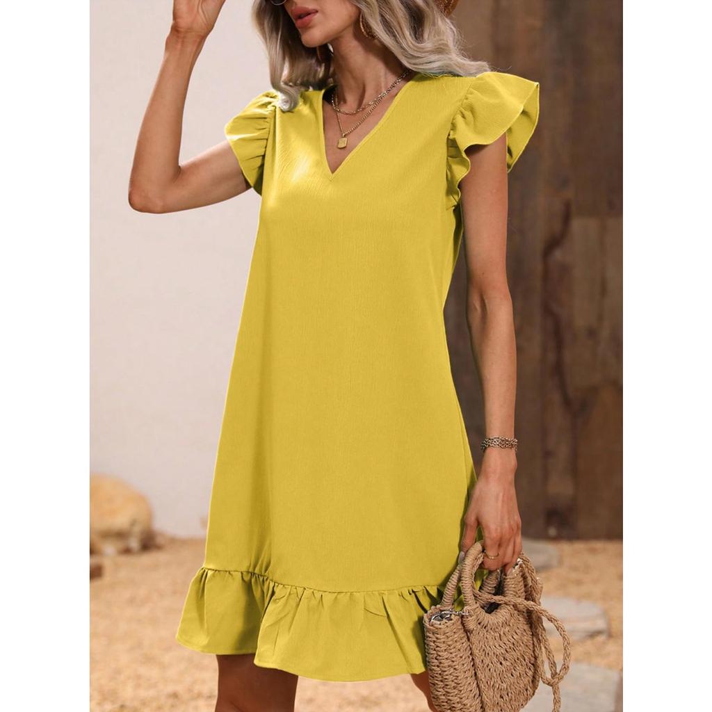Women's V Neck Ruffle Sleeve Loose Fit Solid Color Casual A Line Summer Dress
