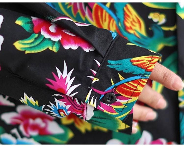 Women's Northeast Peony Floral Long-Sleeve Shirt Jacket - Ethnic Charm, Perfect for Spring/Fall Layering, Unique, Ideal As a Couple's Shirt.