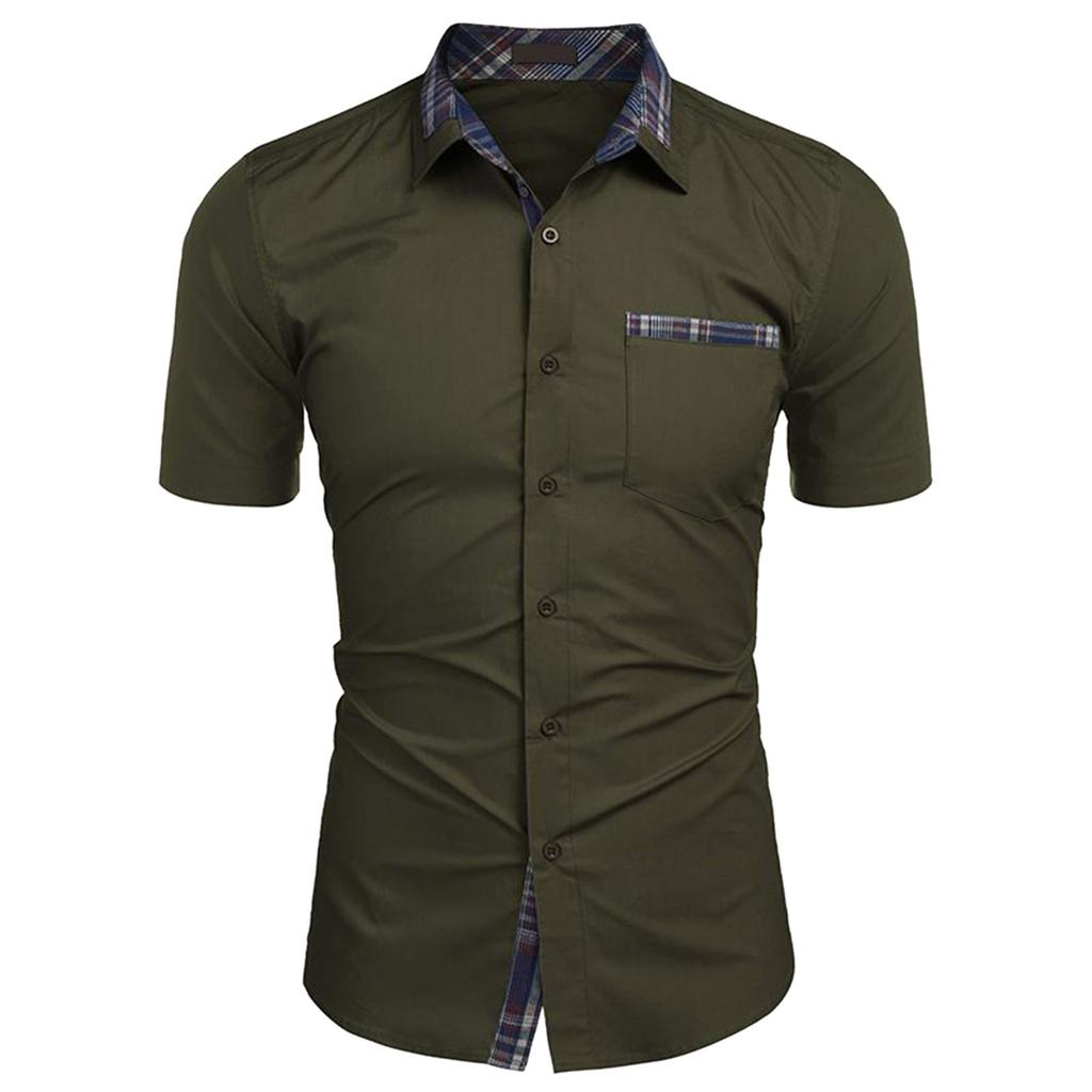Men's Casual Short Sleeve Shirt Button Down with Plaid Trim Collar and Pocket Detail Lightweight Breathable Summer Shirt for Everyday Wear