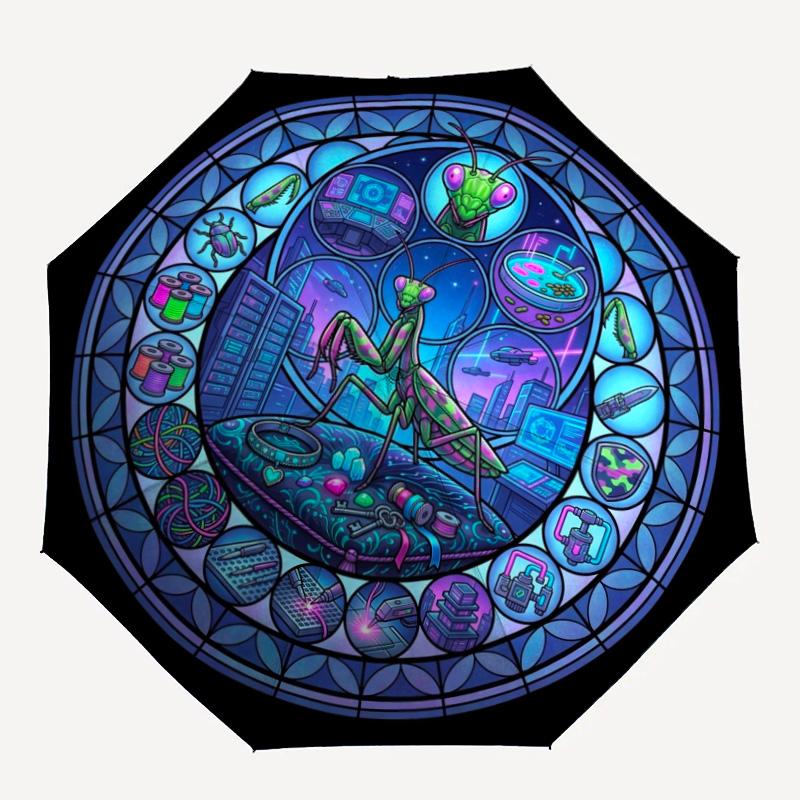 Cybernetic Mantis Workshop pattern umbrella, portable and foldable design, 8 ribs, a casual accessory for Halloween, Christmas, and birthday gifts.