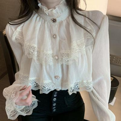 Módna kórejská biela blúzka Ženy Blusas Stojan Výstrih Šifón Košele Dlhý Rukáv Volány Čipkované blúzky Vintage Elegantné dámske topy