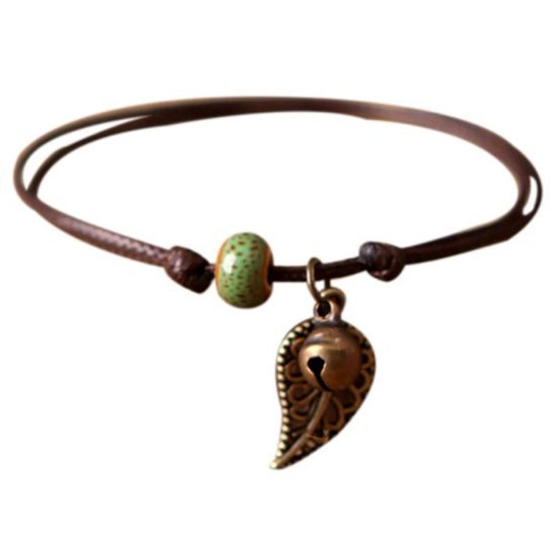 Vintage Nature-Inspired Ceramic Bead Bracelet with Leaf Pendant for Couples