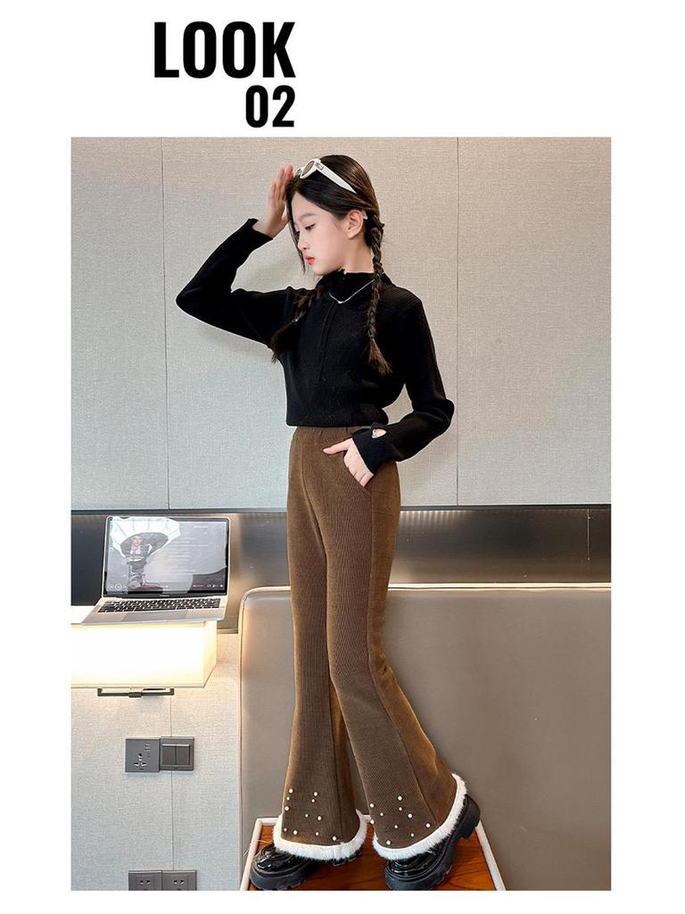 Girls' Micro-Flared Black Pants - Stylish & Warm for Autumn/Winter 2025