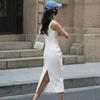Elegant Dress for Women French White Sleeveless Square Neck Bodycon Dress with Pleats