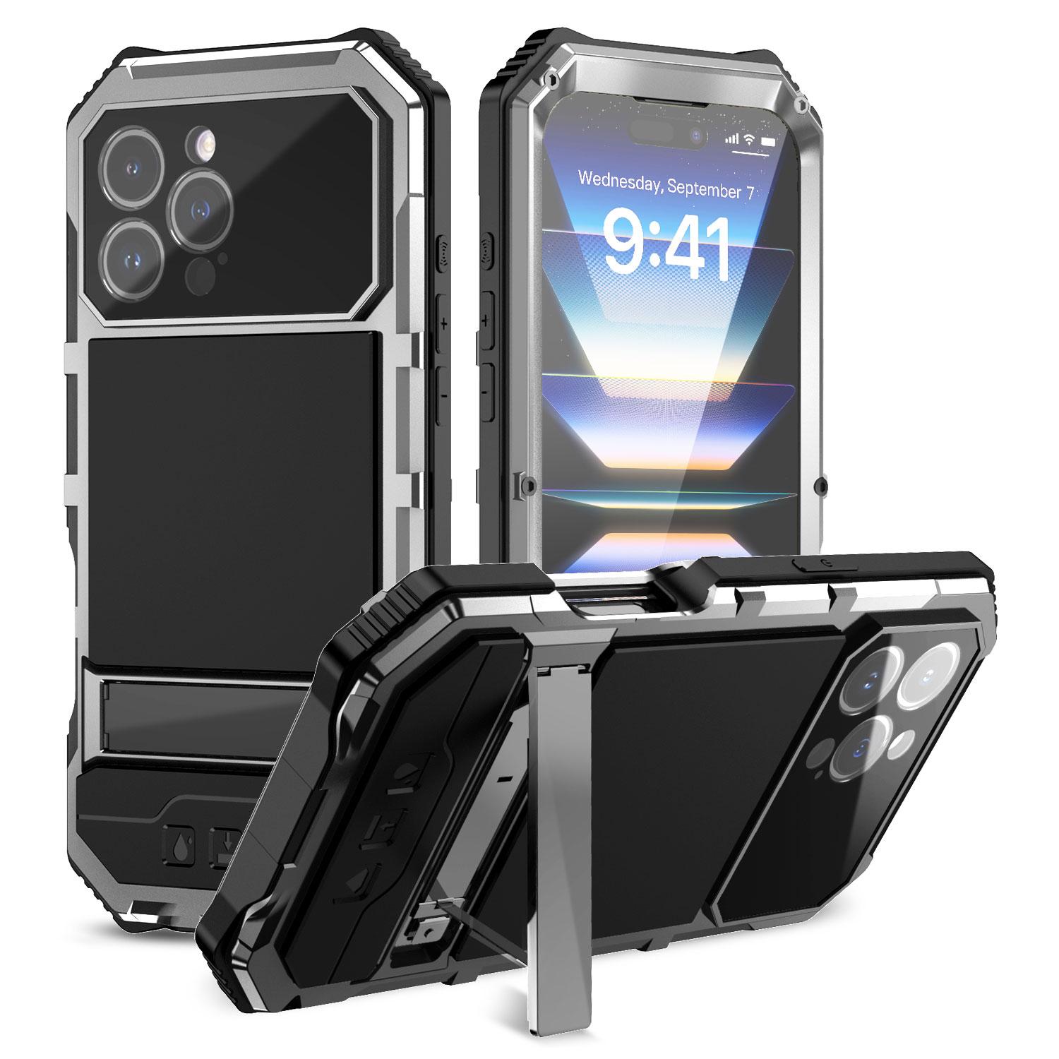 

R-JUST For iPhone 16 Pro Max Case PC+Silicone+Metal Kickstand Phone Cover with Tempered Glass Film Silver