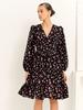 women's ditsy floral wrap v neck bubble long sleeve ruched waist ruffle hem midi a line dress fall casual sundress