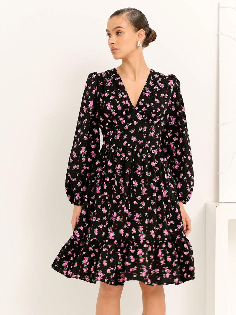 women's ditsy floral wrap v neck bubble long sleeve ruched waist ruffle hem midi a line dress fall casual sundress