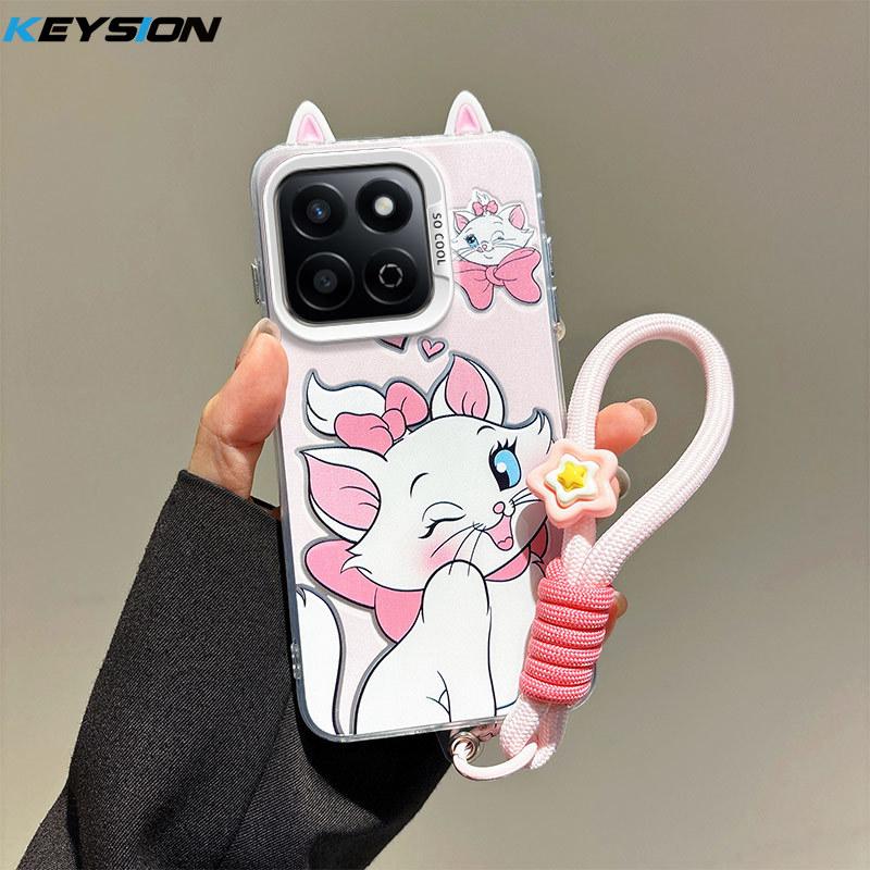 KEYSION Cute Ear Cartoon Case for HONOR X7c with Lanyard Soft Silicone+PC Shockproof Phone Cover for Huawei Honor 200 Smart 5G