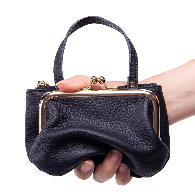 New lychee pattern creative mouth gold bag Japanese leather hand carry change bag mini double clip coin storage bag