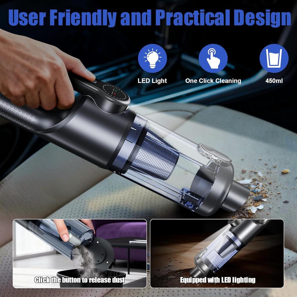 Portable Car Vacuum 19000 Pa Cordless 4-in-1 Handheld with LED Light & Multi-Nozzles, Black