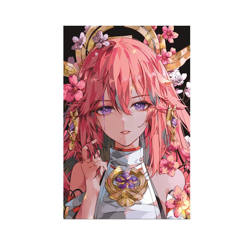 Genshin Impact Cartoon Characters Floral Posters Room Decor Anime Game Pictures Wall Art Bedroom Interior Poster Canvas Painting