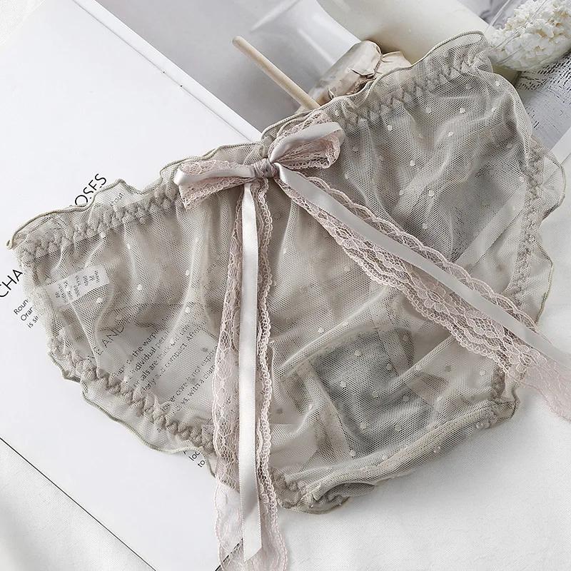 Mesh Transparent Sexy Lace Bow Thin Breathable Women's Underwear High Elasticity Japanese Style Lovely Sweety Panties