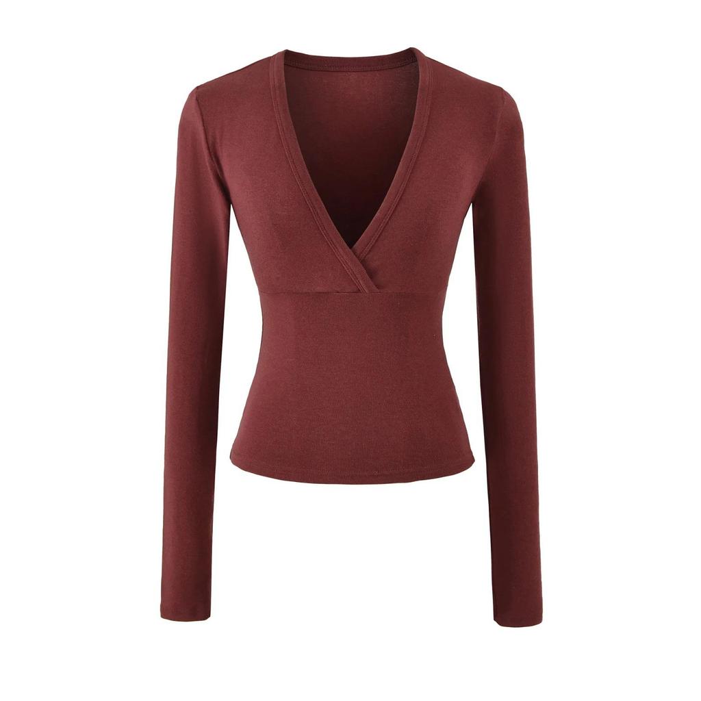 Women's Spicy American Deep V-neck Waist-cinching Long-sleeve T-shirt - Slim Fit for Autumn