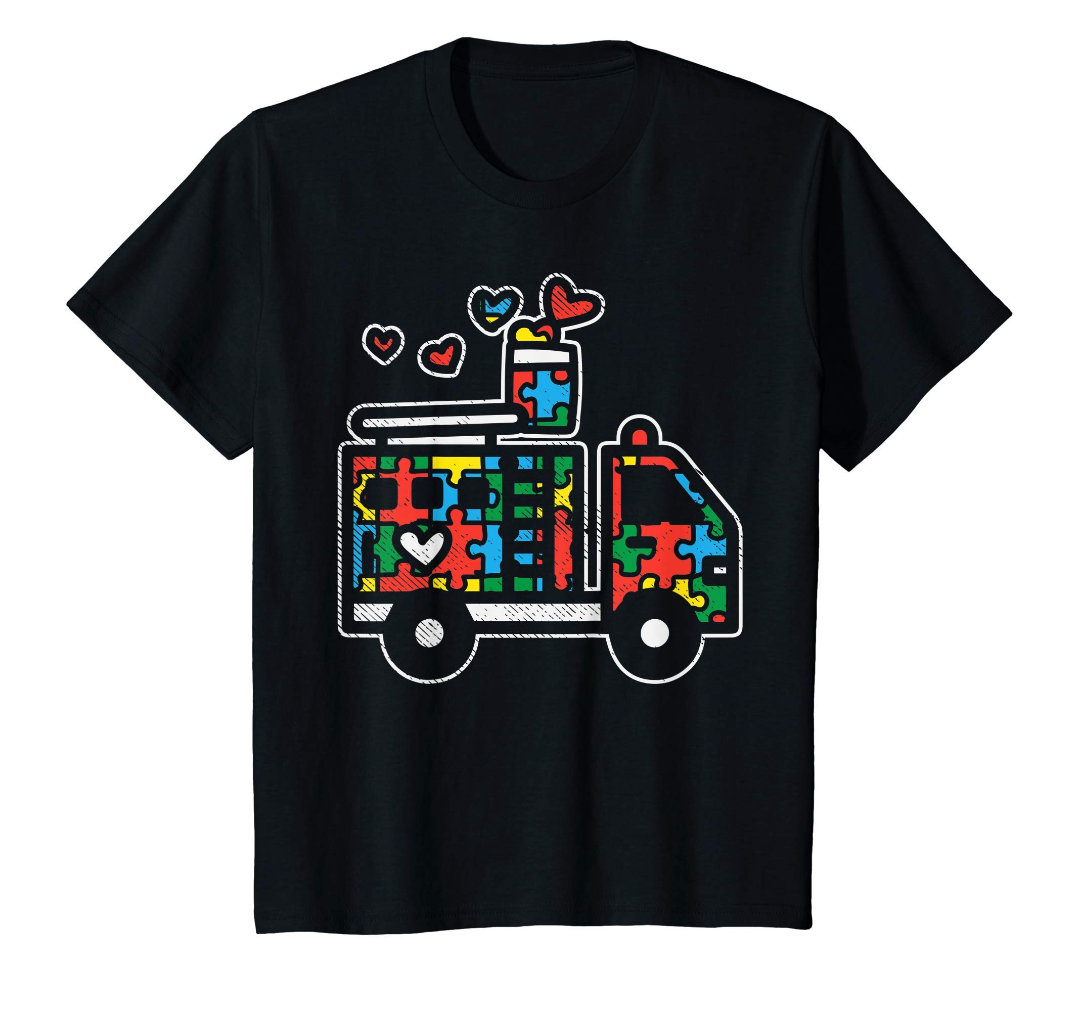 

Kids Puzzle Fire Truck Cute Autism Awareness Firefighter Boys Kids T-Shirt