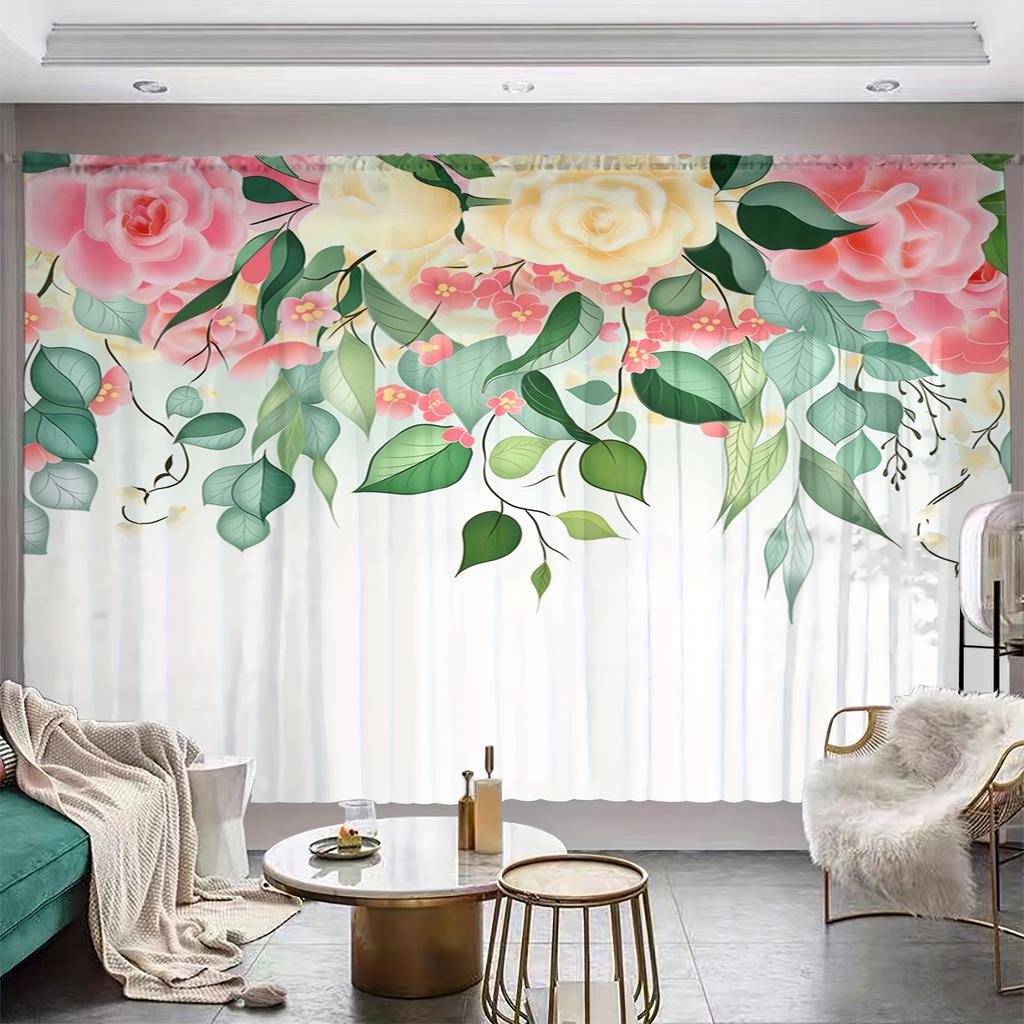 2 Stück Blumendruck Halbtransparenter Vorhang Lichtfilternde Vorhänge für Wohnzimmer Schlafzimmer Küche Café Heimdekoration cortinas